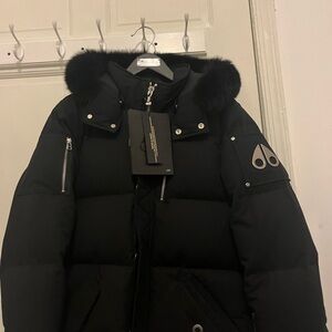 Moose Knuckles Black Down Jacket with Embroidered Logo